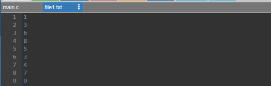 . file 1.txt main.c 1 1 2 3 3 6 4 8 5 5 6 3 7 4 8 7 9 9