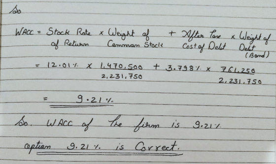 I WACC = Stock Rate & Weight of & After Care & Weight of of Return Comman Stock Cost of Delet Deht a (Bond = 12.01% X 1.470.5