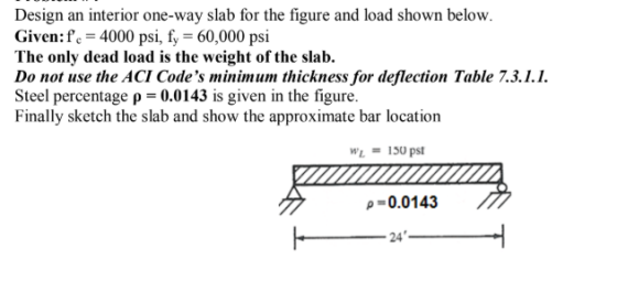 Design an interior one-way slab for the figure and load shown below. Given: fc = 4000 psi, fy 60,000 psi The only dead load i