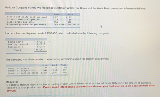 Harbour Company makes two models of electronic tablets, the Home and the Work. Basic production information follows: Direct m