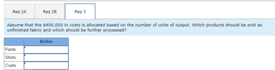 Req 2A Reg 2B Reg 3 Assume that the $400,000 in costs is allocated based on the number of units of output. Which products sho