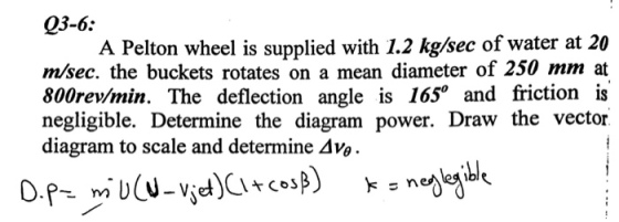 03-6: A Pelton wheel is supplied with 1.2 kg/sec of water at 20 m/sec. the buckets rotates on a mean diameter of 250 mm at 800rev/min. The deflection angle is 165° and friction is negligible. Determine the diagram power. Draw the vector diagram to scale and determine Δ v