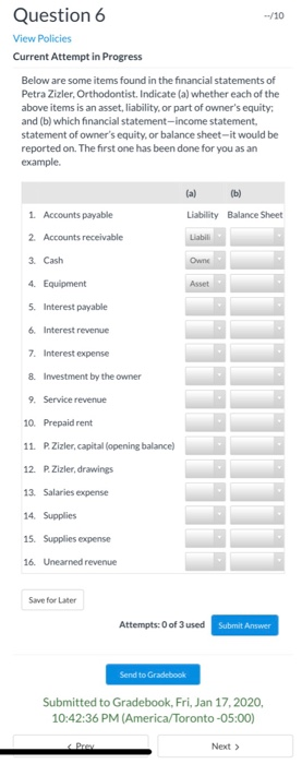 --/10 Question 6 View Policies Current Attempt in Progress Below are some items found in the financial statements of Petra Zi
