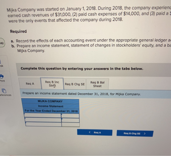Mijka Company was started on January 1, 2018. During 2018, the company experienc earned cash revenues of $31,000, (2) paid ca