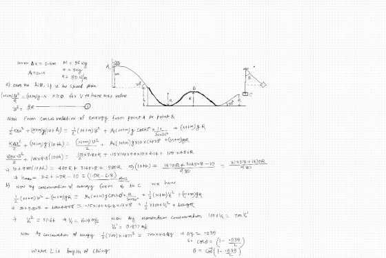 insven Ax= 0.5 M = 95 kg = 5ke H=0.15M 30 R k= 80 Nm a) over the hill, if we be speed teen (mt) L = ( M g-N NCO for V to hand