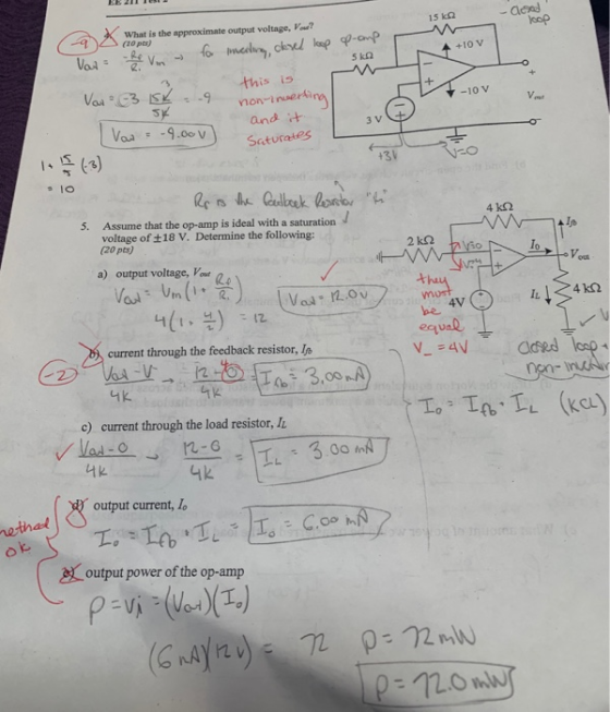 LE 211 IU 15 ko -alone X 9 +10v Var = Vol 63 154 = -9 I vow -9.000 What is the approximate output voltage, V.? pts) -be Vin f