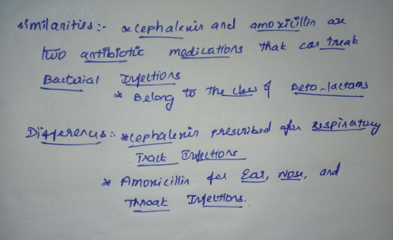 similanities & Cephalenis and amoxicillin are two antibiotic medications that can treak Bacterial Infections & Belong to the