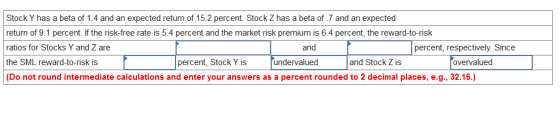 Stock Y has a beta of 1.4 and an expected return of 15.2 percent. Stock Z has a beta of 7 and an expected return of 9.1 perce