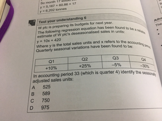 So month 17 would Du y = 5,167 + 60.86 * 17 y = 6,202 tonnes Adve ound to be a reli) The Test your understanding 6 W plc is p