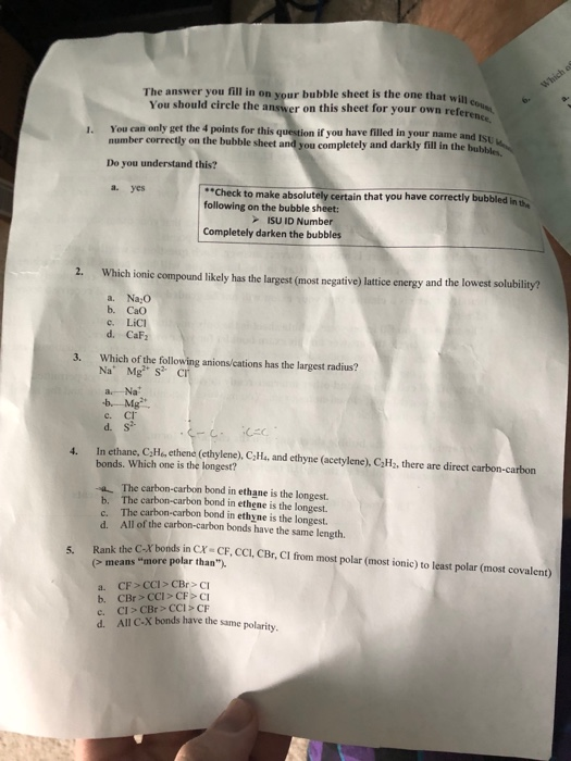 The answer you fill in on your bubble sheet is the one that will You should circle the answer on this sheet for your own refe