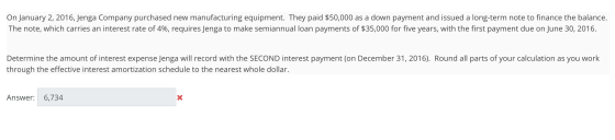 On January 2, 2016, Jenga Company purchased new manufacturing equipment. They paid $50,000 as a down payment and issued a lon