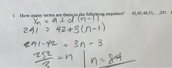 42,45,48,51,...,291. C 1. How many terms are there in the following sequence? kn za muhim in the folloyi 291 = 42+31n-1) 291-