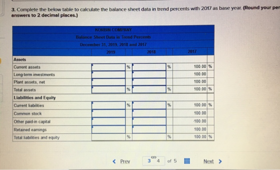 3. Complete the below table to calculate the balance sheet data in trend percents with 2017 as base year. (Round your per ans