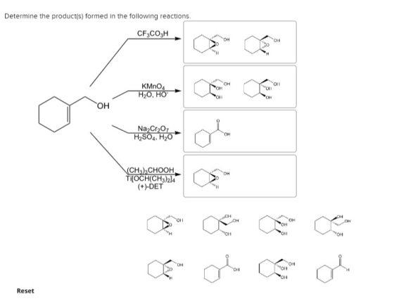 Determine the product(s) formed in the following reactions, CF3COH KMnO4 H20, HO OH Na, Cr2O7 H2SO4, H20 (CH)CHOOH Ti[OCH(CH3