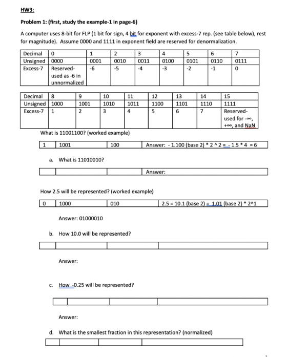 HW3: Problem 1: (first, study the example-1 in page-6) A computer uses 8-bit for FLP (1 bit for sign, 4 bit for exponent with