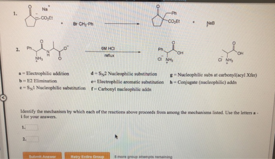 Na 1. Br CH2-Ph 2. Ph 6M HC OH он NH CI NHy CI NH d -Sy2 Nucleophilic substitution Nucleophilic subs at carbonyl(acyl Xfer) a Electrophilic addition b- E2 Elimination e-Syl Nucleophilic substitution e Electrophilic aromatic substitution h Conjugate (nucleophilic) addn r-Carbonyl nucleophilie addn Identify the mechanism by which each of the reactions above proceeds from among the mechanisms listed. Use the letters a - i for your answers. 2. Submit Answer Ratry Entiro Group