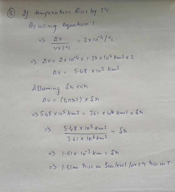 Rises 2 °C tempera tuve by 1 . euatom using 2 x lo4/0c A v レメ20L Av x l04x 1-37 x lo km3 x 2 5-48 x105 Km3 AV= Astwing Av (4n