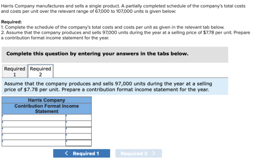 Harris Company manufactures and sells a single product. A partially completed schedule of the companys total costs and costs