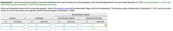 Requirement 1. Use the accounting equation to show the adjustments that must be made prior to the preparation of the financia