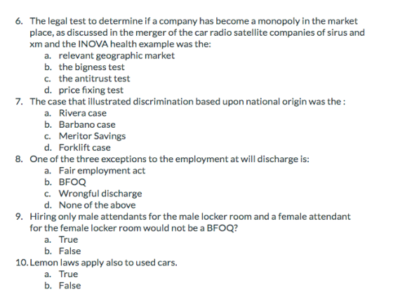 6. The legal test to determine if a company has become a monopoly in the market place, as discussed in the merger of the car