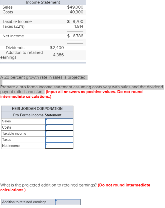 Income Statement Sales Costs $49,000 40,300 Taxable income Taxes (2296) $ 8,700 1,914 Net income $ 6,786 Dividends Addition to retained $2,400 4,386 earnings A 20 percent growth rate in sales is projected. Prepare a pro forma income statement assuming costs vary with sales and the dividend payout ratio is constant. (Input all answers as positive values. Do not round intermediate calculations.) HEIR JORDAN CORPORATION Pro Forma Income Statement Sales Costs Taxable income laxes Net income What is the projected addition to retained earnings? (Do not round intermediate calculations.) Addition to retained earnings