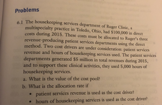 Problems The housekeeping services department of Ruger Clinic, a multispecialty practice in Toledo, Ohio, had $100,000 in dir