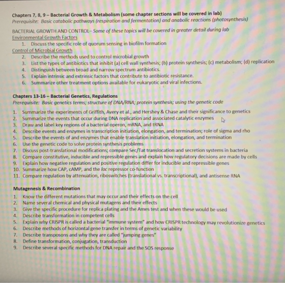 Chapters 7, 8, 9 - Bacterial Growth & Metabolism (some chapter sections will be covered in lab) Prerequisite: Basic catabolic