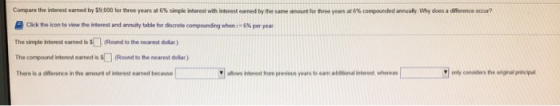 Compare the interest eamed by 59.000 for three years at 6% simple interest with interesteamed by the same amount for three ye