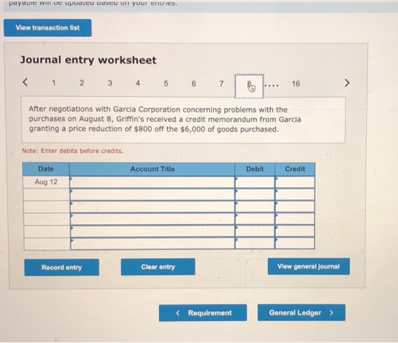 payable will be upualeu Daseu on your entries. View transaction list Journal entry worksheet < 1 2 3 4 5 6 7 18 16 After nego