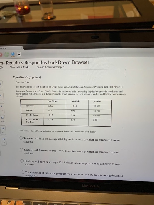 А m- Requires Respondus LockDown Browser 00 Time Left:2:11:45 Saman Ansari: Attempt 1 B Question 5 (5 points) Question 2(A):