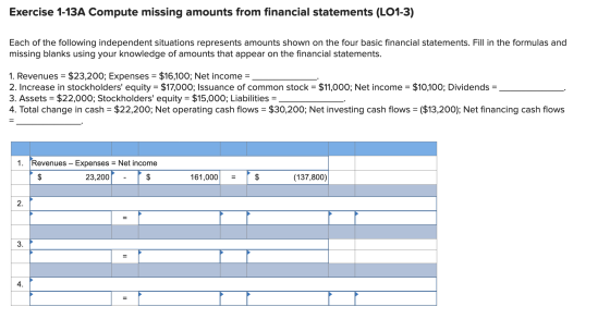 Exercise 1-13A Compute missing amounts from financial statements (LO1-3) Each of the following independent situations represe