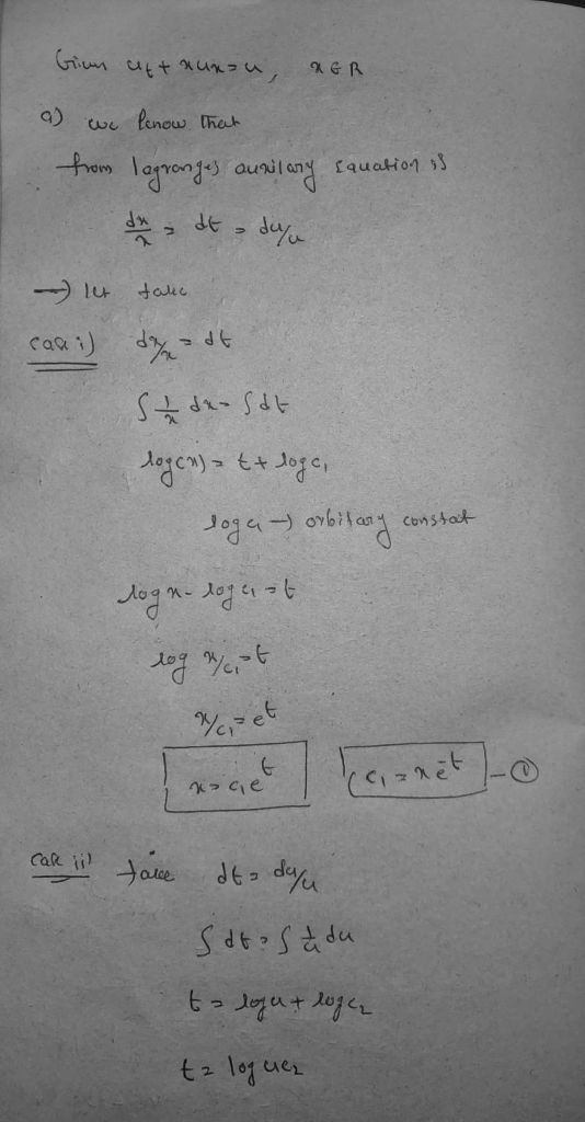 Gium att auksu, XER a) we lenow that from lagranges auxilary equation is dxdt dua let take carii ) dit Stden sat logen) t+ lo