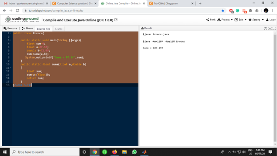 M Inbox - gurkaranpreet.singh.me@ X C Computer Science question | Che X </> Online Java Compiler - Online Ja X C My Q&A | Che