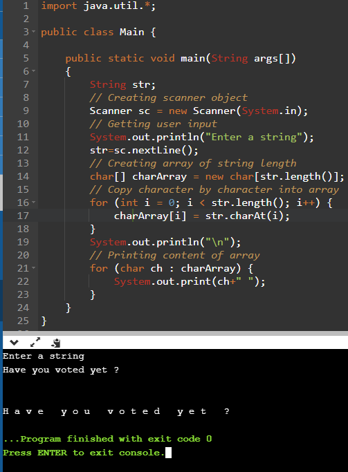 10 11 1 import java.util.*; 2 3. public class Main { 4 5 public static void main(String args[]) 6 { 7 String str; // Creating