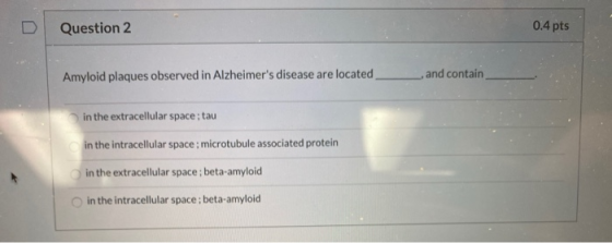 Question 2 0.4 pts Amyloid plaques observed in Alzheimers disease are located and contain in the extracellular space; tau in