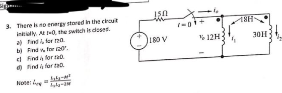 igar. 150 3. There is no energy stored in the circuit initially. At t-0, the switch is closed a) Find io for t20. b) Find vo
