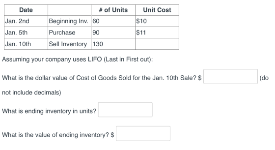Date Jan. 2nd Jan. 5th Jan. 10th # of Units Beginning Inv. 60 Purchase 90 Sell Inventory 130 Unit Cost $10 $11 Assuming your