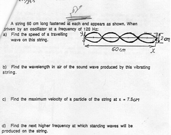 Image for . A string 60 cm long fastened at each end appears as shown. When driven by an oscillator at a frequency of 12