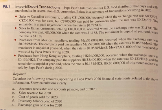 P8.1 Import/Export Transactions Papa Petes International is a U.S.food distributor that buys and sells several non-U.S. curr