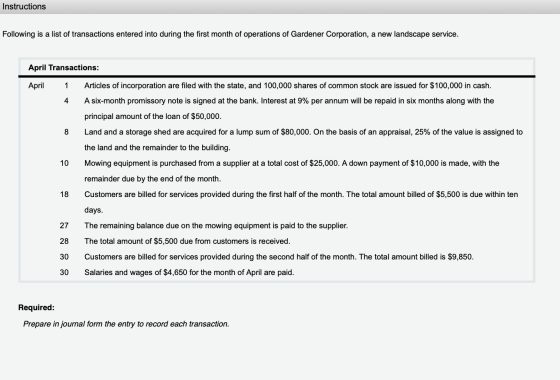 Instructions Following is a list of transactions entered into during the first month of operations of Gardener Corporation, a