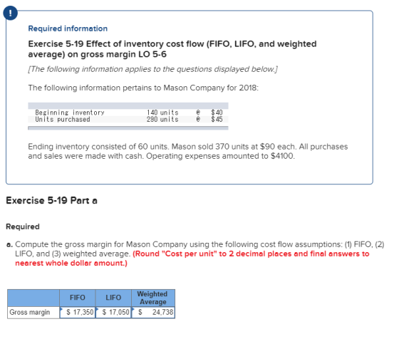 Required information Exercise 5-19 Effect of inventory cost flow (FIFO, LIFO, and weighted average) on gross margin LO 5-6 (T