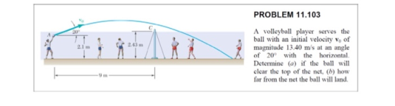 PROBLEM 11.103 No A volleyball player serves the ball with an initial velocity vo of magnitude 13.40 m/s at an angle of 20 ith the horizontal. Determine (a) if the ball will clear the top of the net, (b) how far from the net the ball will land. 20 2.1 m С 2.43m 9 m