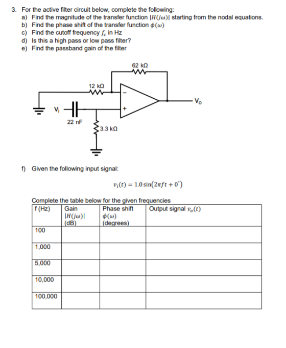 3. For the active filter circuit below, complete the following: a) Find the magnitude of the transfer function | H | starting