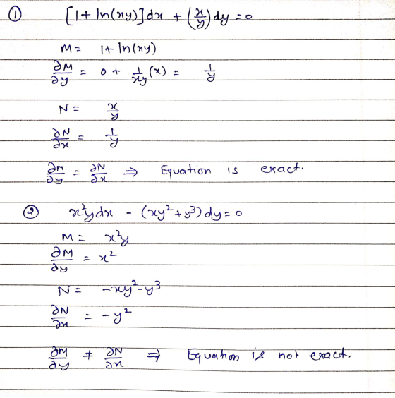 [1+ In(ny)]d21+4) dy zo It In (ny) Эм dy 0 + et (x) - ny act Na dN dri lepo to am IN da € Equation is exact. ay uphin (xy² +