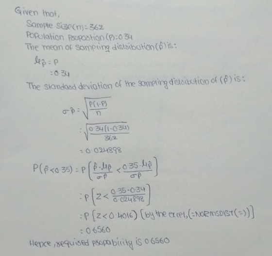 Given thot, Sampe szecn)-362 Population Psupostian (p):0 3u The mean of Somping distaibotion (: The skandasd deviation of the someting distototion of ()is: PCI-P) :0:34 (I-03u) 362 024898 JAe 0-35-03 : 06560