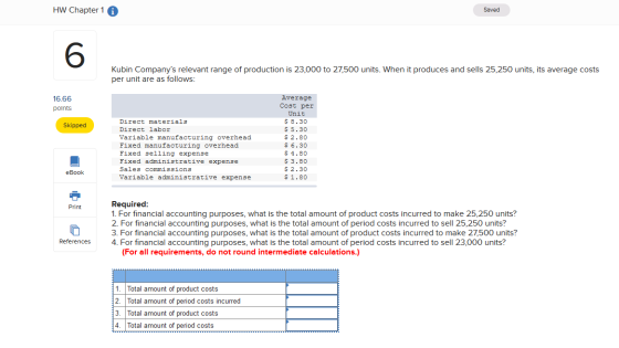 HW Chapter 16 Saved Kubin Companys relevant range of production is 23,000 to 27,500 units. When it produces and sells 25,250