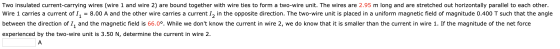 Two insulated current-carrying wires (wire 1 and wire 2) are bound together with wire ties to form a two-wire unit. The wires