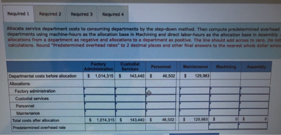 Required 1 Required 2 Required 3 Required 4 Allocate service department costs to consuming departments by the step-down metho