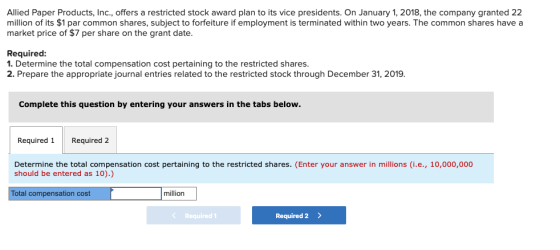 Allied Paper Products, Inc., offers a restricted stock award plan to its vice presidents. On January 1, 2018, the company gra