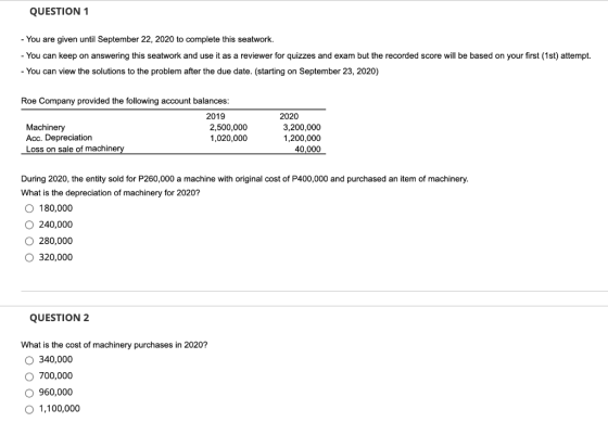 QUESTION 1 - You are given until September 22, 2020 to complete this seatwork. - You can keep on answering this seatwork and